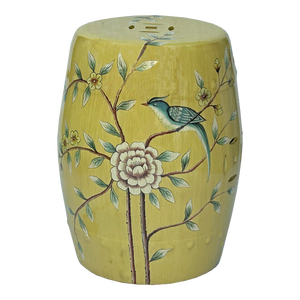 Distressed Yellow Porcelain Flower Birds Round Barrel Stool Table