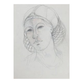 Mid Century PortraitOf Woman in Headdress Pencil Drawing For Sale