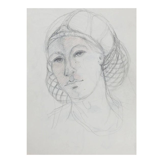 Mid Century PortraitOf Woman in Headdress Pencil Drawing For Sale