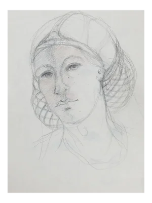 Mid Century PortraitOf Woman in Headdress Pencil Drawing