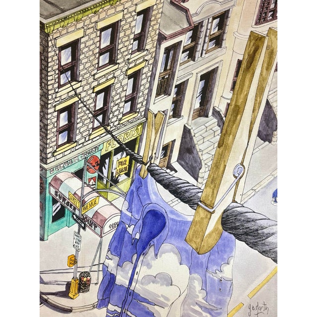 A whimsical 1985 mixed media work by Yves B. Martin titled Shirt on Broadway. This imaginative composition features an...