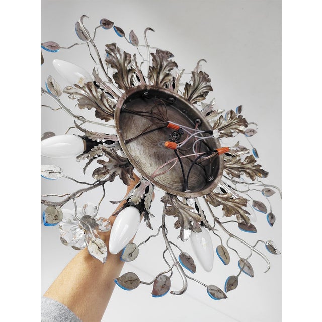 Large Vintage Ceiling Light in Silver-Plated Iron and Blue Glass Leaves from Banci Firenze, 1980s For Sale - Image 9 of 11