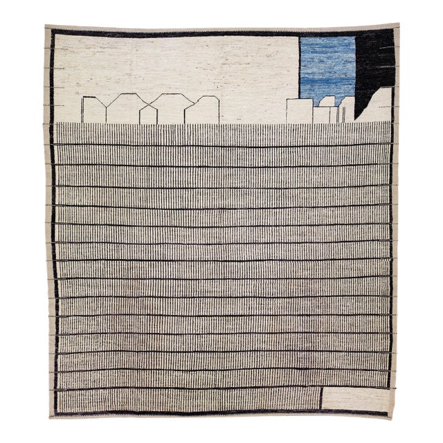 Beige Oversize Moroccan Style Wool Rug Handmade With Modern Geometric Pattern For Sale