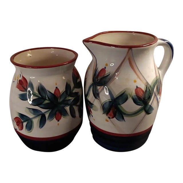 1980s Artist Signed Pair of Handpainted Stoneware Set of Canister & Pitcher. For Sale