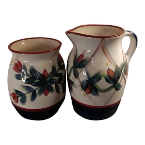 1980s Artist Signed Pair of Handpainted Stoneware Set of Canister & Pitcher.