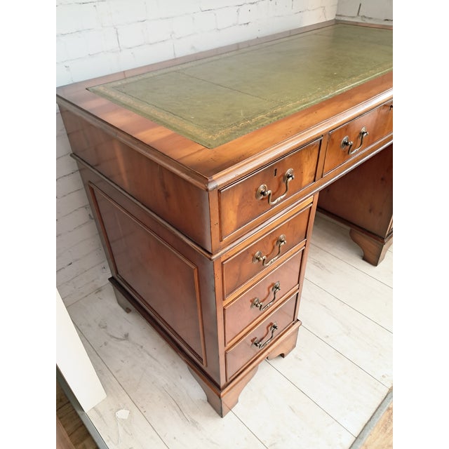 Antique Twin Pedestal Desk in Dark Yew Wood and Leather Top, 1980 For Sale - Image 13 of 18