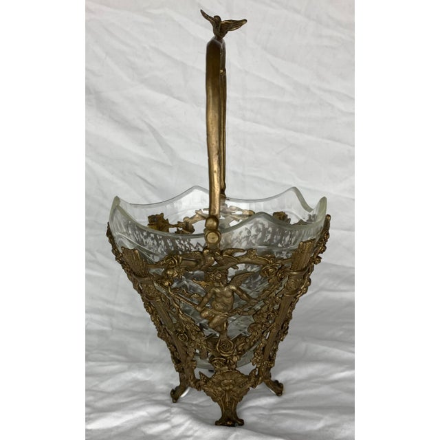 Brass Vintage Brass Filigree and Cut Glass Basket Vase. For Sale - Image 8 of 12