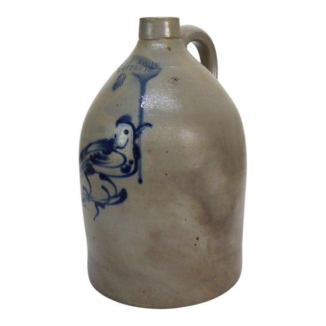 Folk Art West Troy Pottery Salt Glazed Stoneware Jug With Bird Signed C1870 For Sale - Image 3 of 12