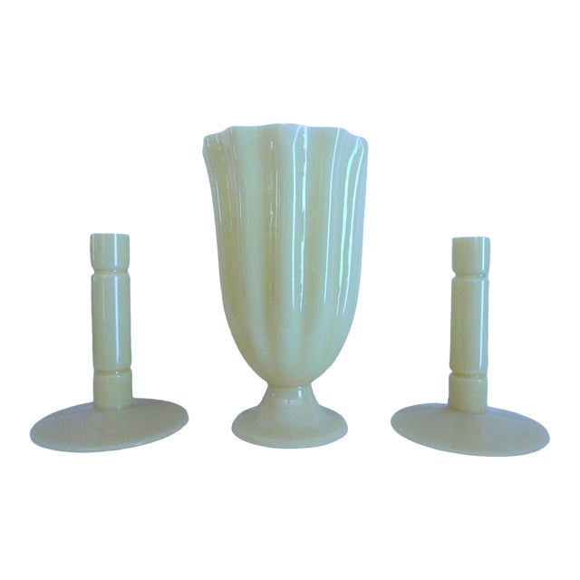 Early 20th Century Steuben Ivory Centerpiece Vase & Candlestick Set - 3 Pieces For Sale