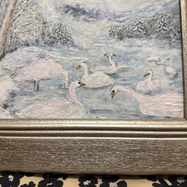 Impressionist Mid-Century Impressionist Winter Landscape Painting of Swans in Frame For Sale - Image 3 of 8