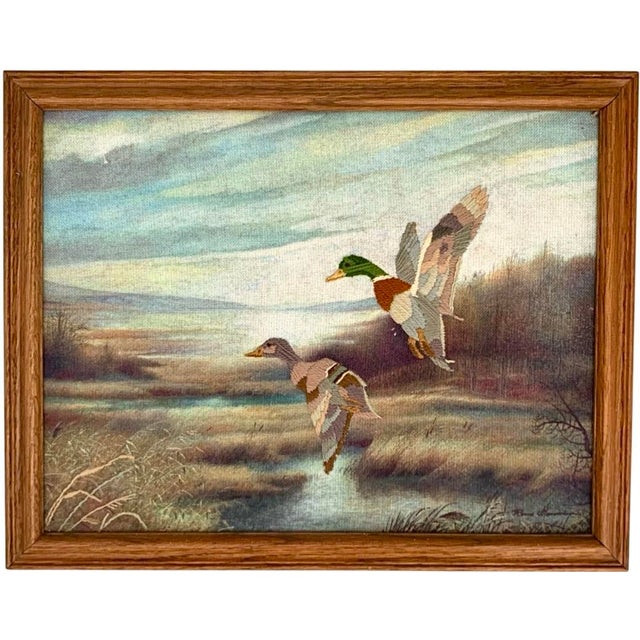 Mallard Duck Embroidery Art Flying Bird Signed Vintage Rustic Cabin Decor For Sale - Image 4 of 7