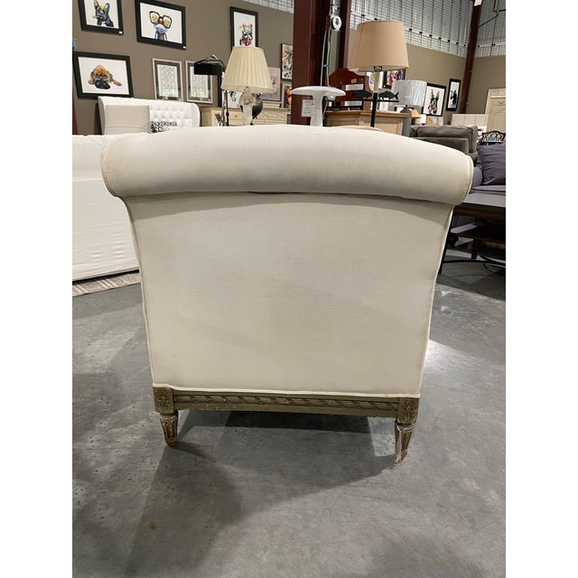 French Antique 19th Century French Chaise With Distressed Carved Frame and Ivory Upholstery For Sale - Image 3 of 10