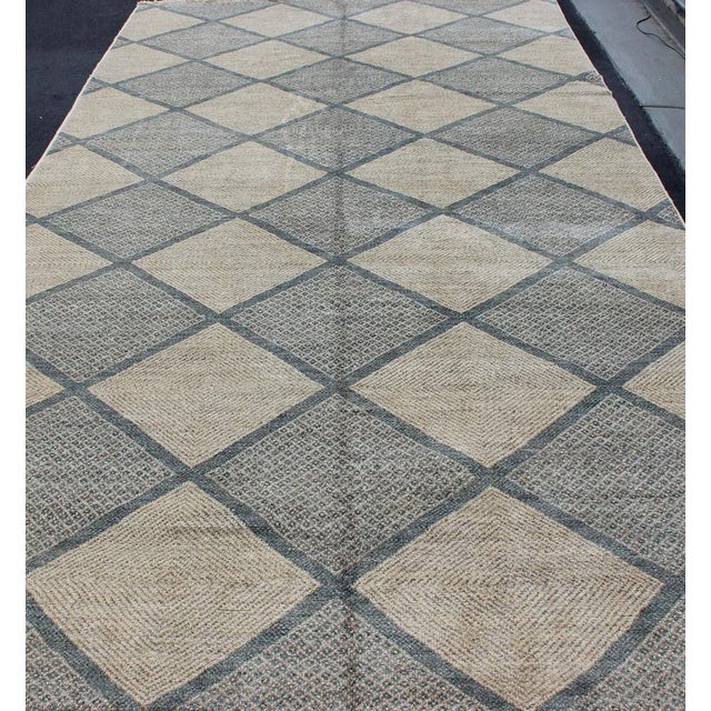 Large Gallery Rug in Modern Diamond Design in Blue-Green and Cream For Sale In Atlanta - Image 6 of 13