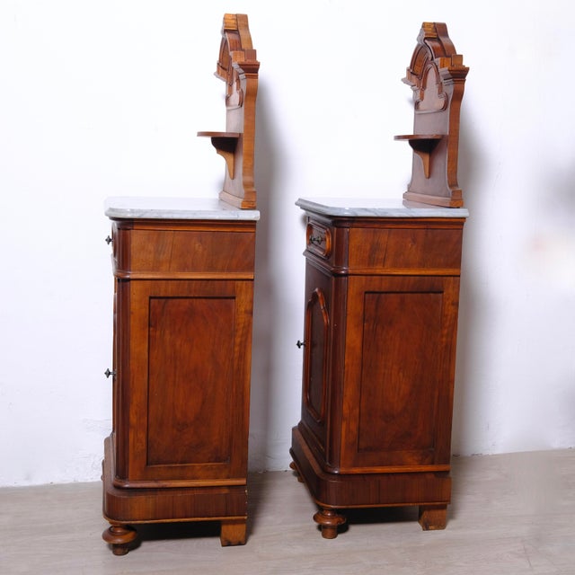 Antique Bedside Tables with Marble Backsplashes and Bases, Late 19th Century, Set of 2 For Sale - Image 14 of 18