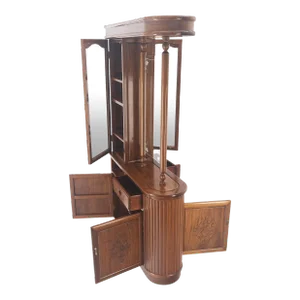 Carved Teak Center Cabinet Room Divider Console Bookcase Shelves Lights