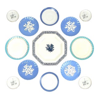 Eclectic Cornflower & Cream Vintage Wall Plate Curation - Group of 13 For Sale