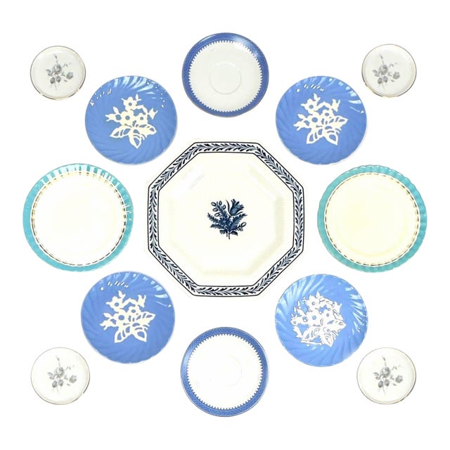 Eclectic Cornflower & Cream Vintage Wall Plate Curation - Group of 13 For Sale