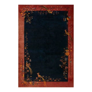 1920s Blue Navy Minimalist Bird Antique Chinese Art Deco Carpet 6' X 8'9" Knotted Wool Rug For Sale
