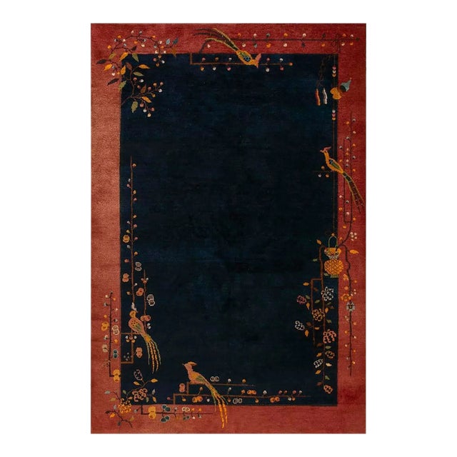 1920s Blue Navy Minimalist Bird Antique Chinese Art Deco Carpet 6' X 8'9" Knotted Wool Rug For Sale