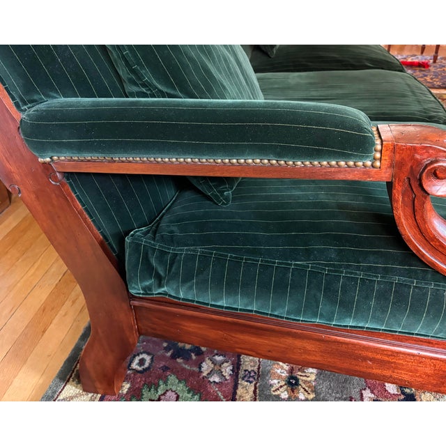 1990s Ralph Lauren American Oversized Velvet Green Upholstered Sofa With Scroll Wood Arms For Sale - Image 6 of 12