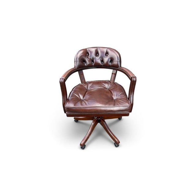 English Swivel Office Chair in Brown Leather and Wood For Sale - Image 5 of 6
