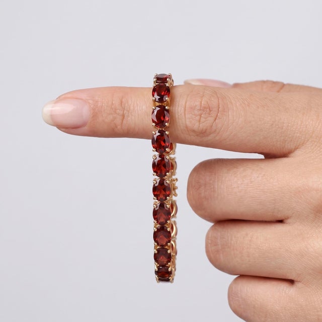 Contemporary Natural Garnet Tennis Bracelet | Oval Red Gemstone Bracelet | 18k Gold Plated Silver January Birthstone Jewelry For Sale - Image 3 of 5