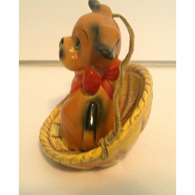 Vintage 1950s Ceramic Dog in Basket Figurine Japan Kitsch Puppy Excellent Condition For Sale - Image 4 of 6