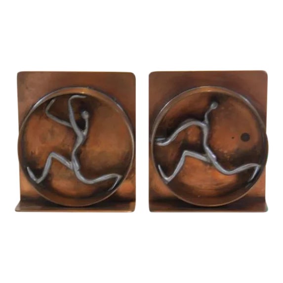 Mid-Century Modern Copper and Pewter Bookends Signed Nelson For Sale