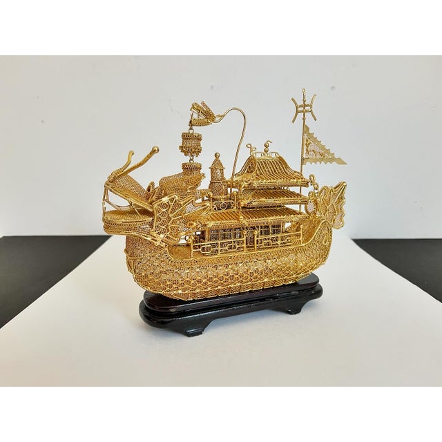 Stunning mid century Asian dragon boat model hand crafted of gold filigreed metal mesh with incredible dimensional...