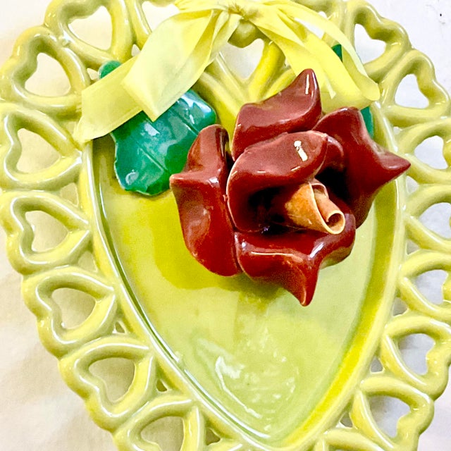 Chartreuse 1940s Majolica Art Deco Boho Chic Valentine and Tromp L’Oeil Rose Wall Plate. For Sale - Image 8 of 10