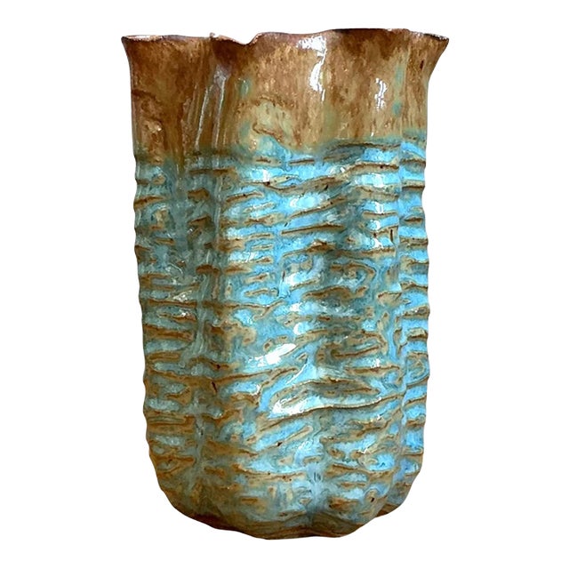 Vintage Textured Blue Ceramic Vase For Sale