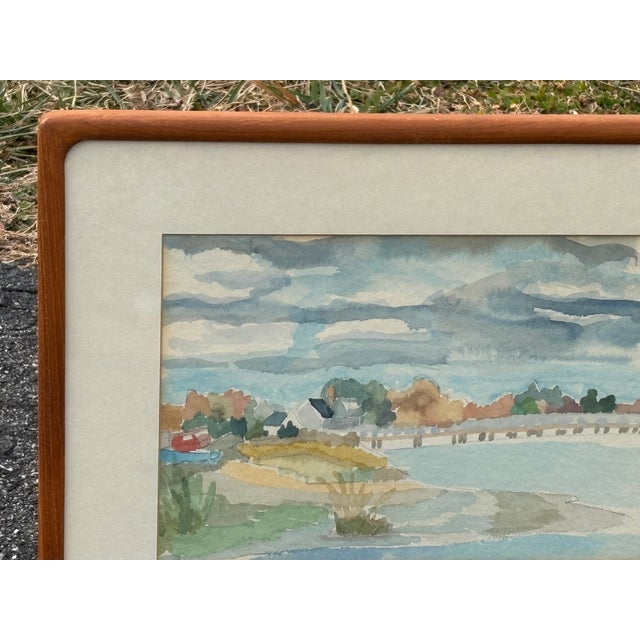 Mid 20th C. Original Watercolor on Paper With Period Hardwood Frame - Coastal Harbor For Sale - Image 6 of 7