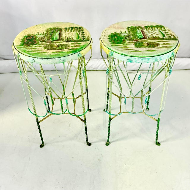 1970s Vintage Boho Chic Italian Ice Cream Cafe Indoor Outdoor Bar Stools Convertible Drinks Tables - A Pair For Sale - Image 11 of 18