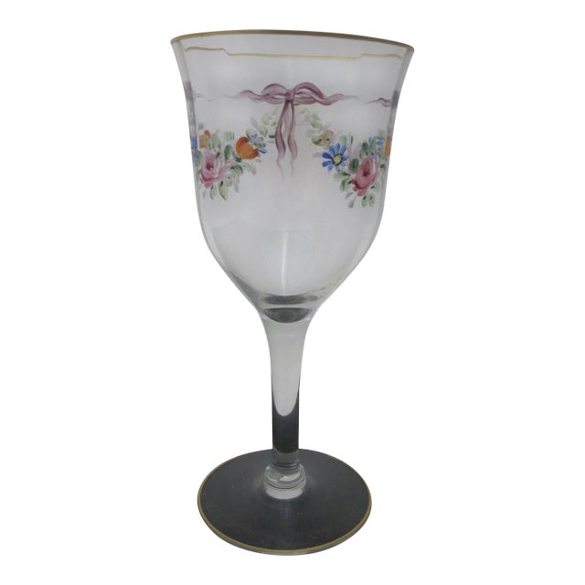 Vintage Hand Painted Colorful Flower & Ribbon Bows Gold Trim Wine Glass For Sale