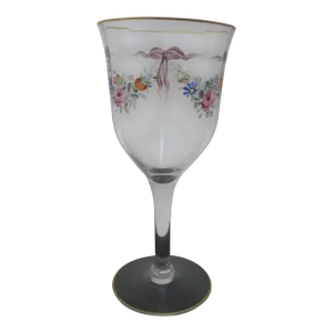 Vintage Hand Painted Colorful Flower & Ribbon Bows Gold Trim Wine Glass
