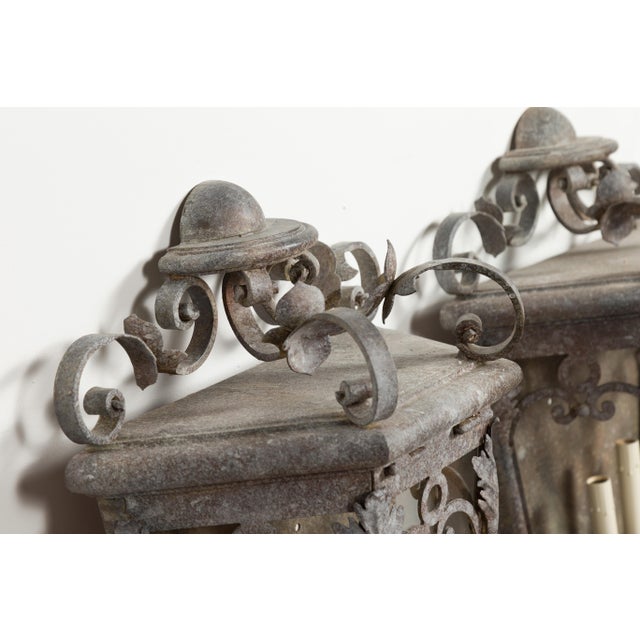 French 1920s French Iron Three-Light Lanterns with Scrolling Motifs and Foliage - a Pair For Sale - Image 3 of 12