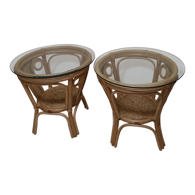 1980s Bamboo Rattan Wicker End Table Coastal Glass Top Set of Two For Sale