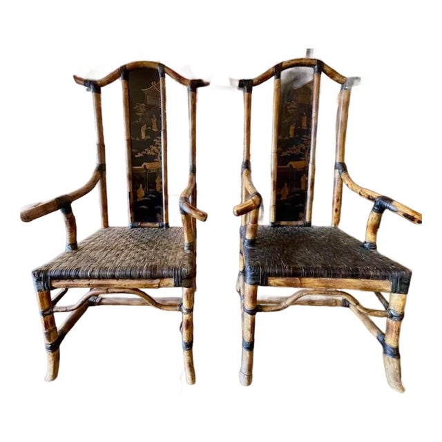 Pair of English Bamboo and Chinoiserie High Back Chairs For Sale