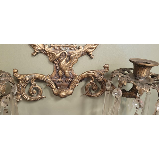 Metal A Pair 1930s Brass & Crystal Swan Candle Wall Sconces For Sale - Image 7 of 10