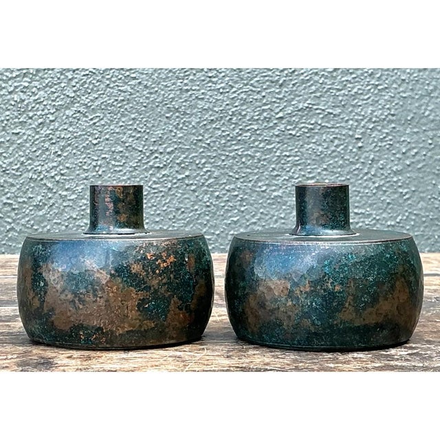 Vintage Patinated Metal Vases - Pair For Sale - Image 11 of 12