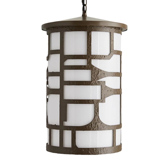 Arteriors Mid-Century Modern Inspired Antique Brass Finished and Opal Glass Indoor/Outdoor Shani Pendant Light For Sale