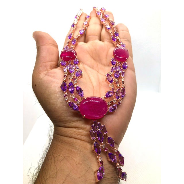 Bochic “Capri” Vintage Art Deco Ruby & Amethyst Necklace Set in 18K & Silver For Sale - Image 4 of 6