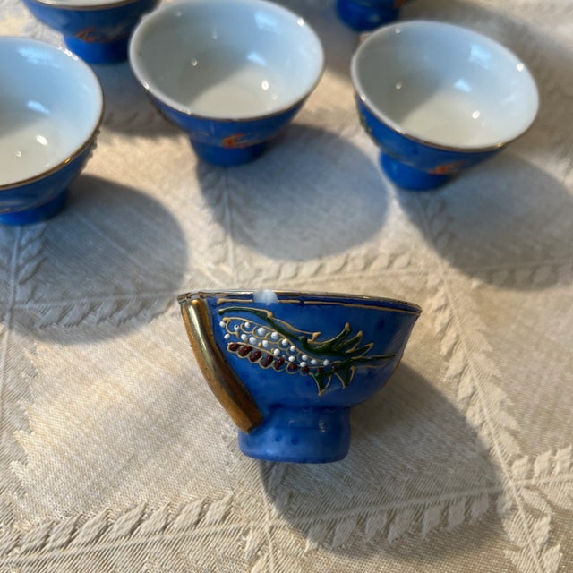 Blue Vintage Moriage Dragonware Sake Set- 7 Pieces For Sale - Image 8 of 10