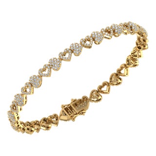 10K Yellow Gold Round Diamond Heart Designer 7 Inch Bracelet 2-1/6 Cttw For Sale