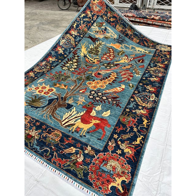 Blue Afghan Pictorial Tree of Life Hand-Knotted Wool Rug - 9'9" X 6'7" For Sale - Image 6 of 17