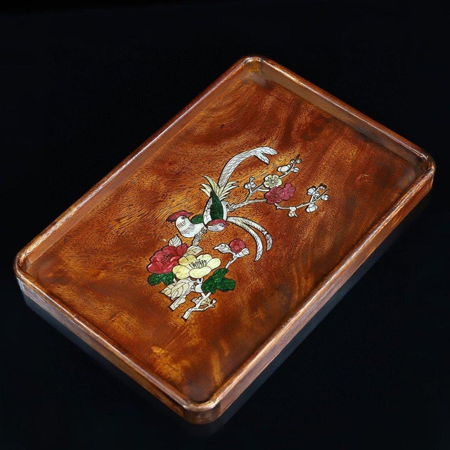 Vintage Chinese Rosewood Tray With Mother of Pearl Bird & Flower Inlay For Sale - Image 4 of 9