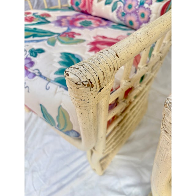 1980's Rattan Lattice Barrel Lounge Chairs With Chinoiserie Cushions in the Style of Ficks Reed a Pair For Sale - Image 11 of 16