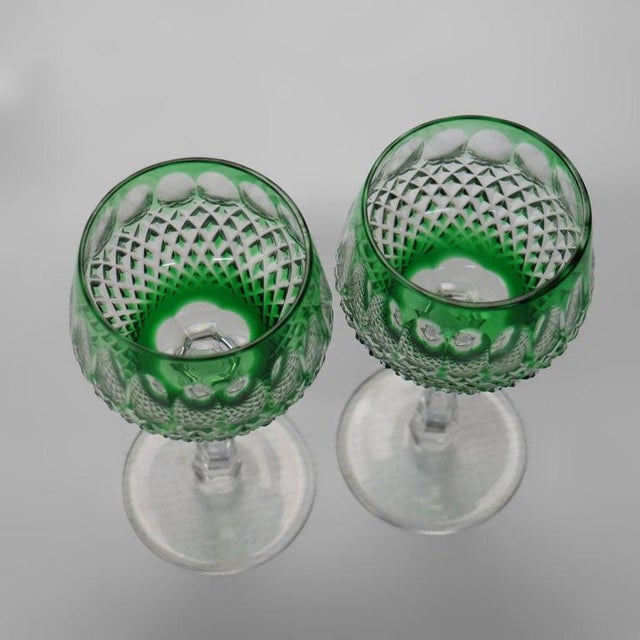 Antique Bohemian Cut to Clear Crystal Wine Stem Glasses: Emerald & Cobalt - Set of 4 For Sale - Image 4 of 6