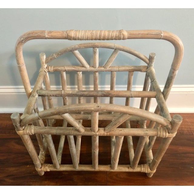 Glazed and Whitewashed Bamboo Rattan Magazine Rack For Sale - Image 4 of 9