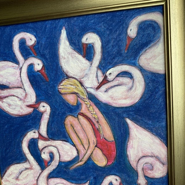 Original Framed Swan & Figure Painting, Blue White Figurative Wall Art, Oil Chalk on Canvas in Gold Frame, 14x14 Whimsical Boho Home Decor For Sale - Image 4 of 5